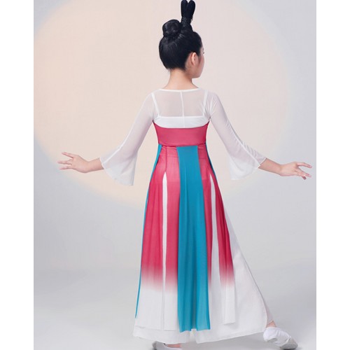 Girls Kids Chinese Folk Dance Costumes Ancient Traditional Yangge Umbrella Fan Dance Hanfu for Children
